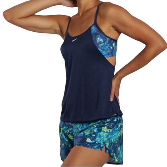 Nike Women’s Earth Dye Layered Tankini Swim Top in Midnight Navy - Picture 1 of 4